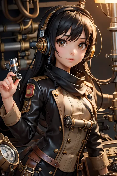 ( top quality:1.2)。steampunk。 one woman。 cute girl。Hold the control stick in the cockpit of a submersible 。Headset on head。 nervous expression。 The background is the interior of a small steampunk submersible。Very small space。Inner wall full of pipes, valve...