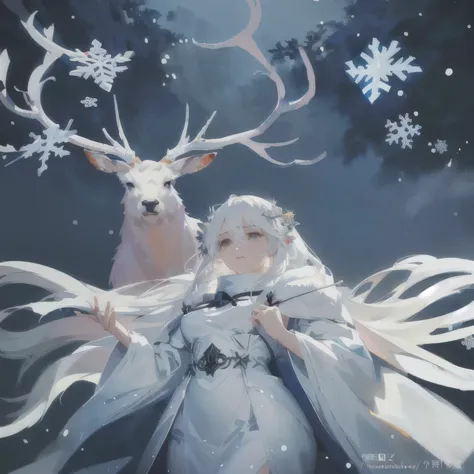 anime girl with white hair and deer in background, goddess of winter, white haired deity, winter concept art, god of winter, trending on artstation pixiv, guweiz on pixiv artstation, queen of winter, zerochan art, digital art on pixiv, guweiz on artstation...