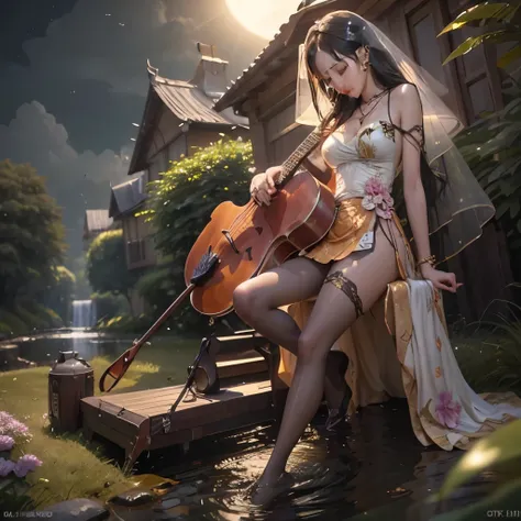 1girl, solo, long hair, black hair, jewelry, sitting, closed eyes, outdoors, earrings, sky, dark skin, necklace, water, bracelet, dark-skinned female, tree, bird, leaf, grass, building, veil, pink flower, music, sun, holding instrument, playing instrument,...