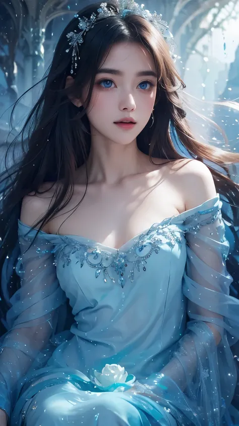 A beautiful, ethereal illustration of a pair of eyes with a vibrant, deep blue color. The eyes are filled with sparkling tears that overflow and gently run down the cheeks. The tears glisten with a magical, shimmering effect, adding a touch of fantasy to t...
