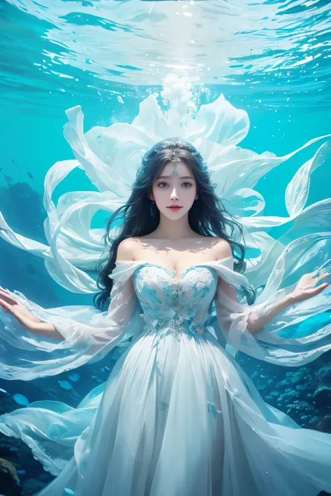 Concept art of marine life, under water scenery, Marine life,Beautiful coral reefs come in a variety of shapes, ..。.3D,, AngelT, Women Animated Fantasy Illustration. Long white hair scattered in the sea, drifting, Very harmonious. The whole painting is、It ...