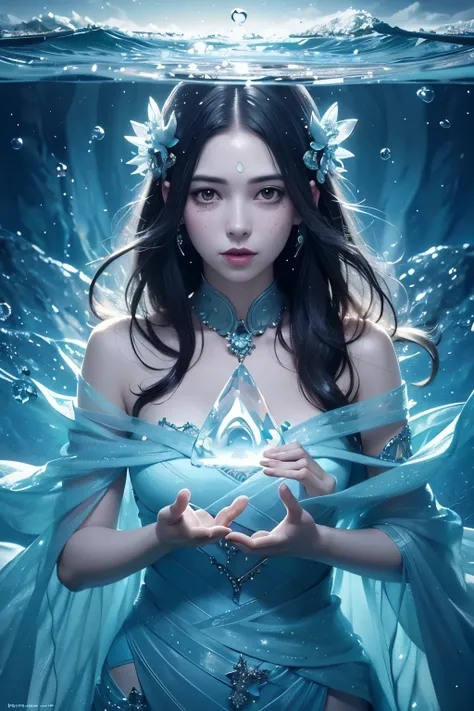 (tmasterpiece,top-quality,optimum,offcial art,Beautiful and aesthetic,Long exposure:1.2),Smooth movement,Charming Patterns, 1 girl,Adult Russian woman,freckle, Jade Eyes ,Black lob hair,Lots of bubbles, sportrait,solo,The upper part of the body,Gaze the ob...
