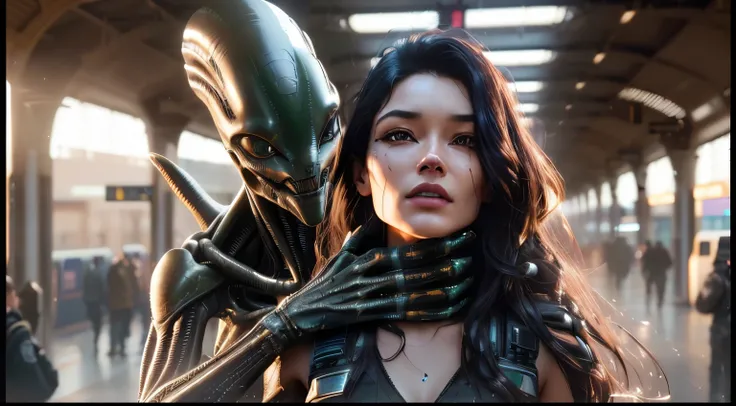 alien woman holding a large alien head in a train station, alien man with alien woman, movie still of the alien girl, alien woman, from a 2 0 1 9 sci fi 8 k movie, cgsociety uhd 4k highly detailed, female alien, alien girl, from aliens franchise, cinematic...