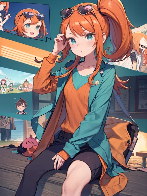 Sonia (ソニア) - Pokemon (ポケモン)、pokemonsonia, aqua eyes, heart, heart hair ornament, long hair, long sleeves, orange hair, side ponytail, swept bangs,
aqua footwear, aqua nails, aqua shirt, brown coat, brown jacket, coat, collarbone, eyewear on head, jacket, ...