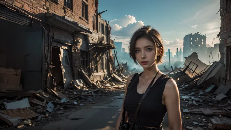 masterpiece, high resolution,8K,(Portrait Photos:1.5),(R Original Photo),Reality,Digital Photography,(Apocalyptic ruins ),City ruins，beautiful 20 year old woman，Short hair，sentry， post-apocalyptic scene， upper body photography ， broken clothes