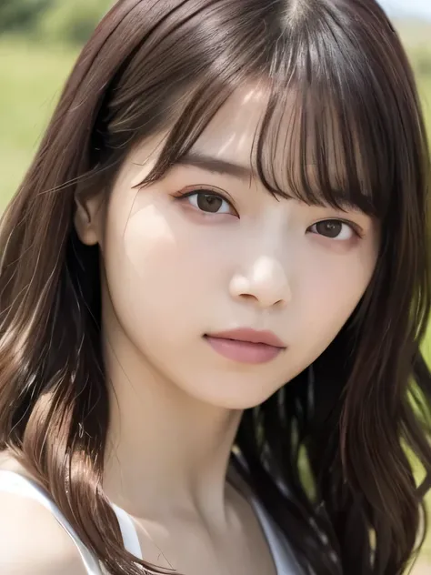 Masterpiece 、 top quality, super high resolution、8k, Photos 、 1 girl, ( Big Breasts :1.3), deep cleavage、 bright , blurry background, ( asymmetrical bang 、Super Long Wavy Hair :1.5), (A loose open-necked blouse)、Round face、Young Face、Natural Cosmetic...
