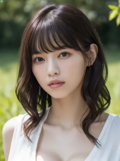 Masterpiece 、 top quality, super high resolution、8k, Photos 、 1 girl, ( Big Breasts :1.3), deep cleavage、 bright , blurry background, ( asymmetrical bang 、Super Long Wavy Hair :1.5), (A loose open-necked blouse)、Round face、Young Face、Natural Cosmetic...