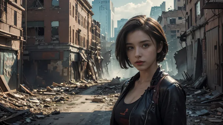 masterpiece, high resolution,8K,(Portrait Photos:1.5),(R Original Photo),Reality,Digital Photography,(Apocalyptic ruins ),City ruins,beautiful 20 year old woman,Short hair,sentry, post-apocalyptic scene, upper body photography , broken clothes
