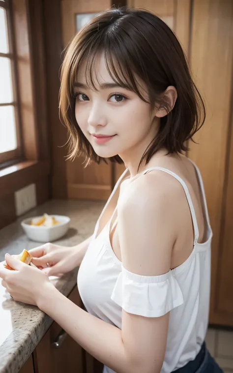 cute 21 year old Japan 、 kitchen、、 tank top in front of urinal、Super Detail Face、 pay attention to the details with the hem of the clothes、 double eyelids 、 Beautiful Thin Nose、 sharp concentration:1.2、 Kiri Reina female:1.4、( light brown hair , short hair...