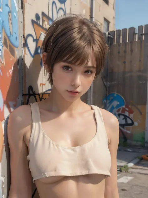 masterpiece, best quality, ultra detailed, 8k, photo realistic, 1girl, solo, tomboy, ultra detailed face, face close-up, (head shot:1.4), standing against a wall full of hiphop graffiti, light brown pixie cut hair, (small breasts:1.5), wearing ivory short ...