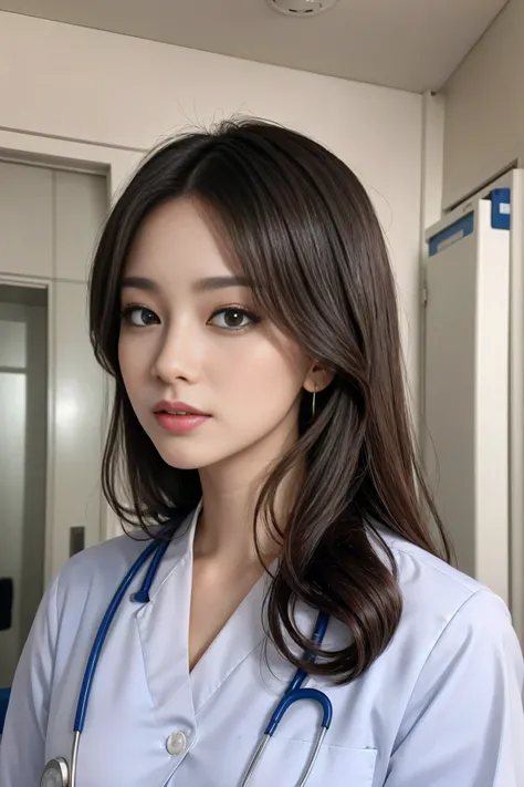  realistic beautiful doctors in the hospital、Stunning beauty、Doctor&#39;s white coat, Collared shirt、( top quality、8K、32K、masterpiece、nffsw:1.3)、 ultra-high resolution ,(Photorealism:1.4),Original Photography, 1 girl， K-pop idol ， delicate face ， blue eyes...