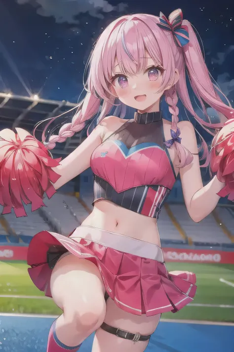 nsfw. Shes wearing a cheerleader costume with a cute design, and her miniskirt and bright bow are eye-catching. She is holding blue pompoms in both hands. The background is a soccer stadium illuminated by the night sky, and the lighting creates a dramatic ...