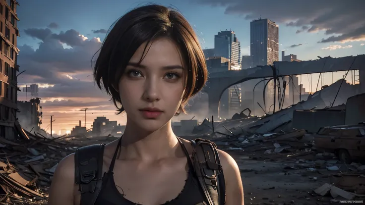 masterpiece, high resolution,8K,(Portrait Photos:1.5),(R Original Photo),Reality,Digital Photography,(Apocalyptic ruins ),City ruins,beautiful 20 year old woman,Short hair,sentry, post-apocalyptic scene, upper body photography , open clothes