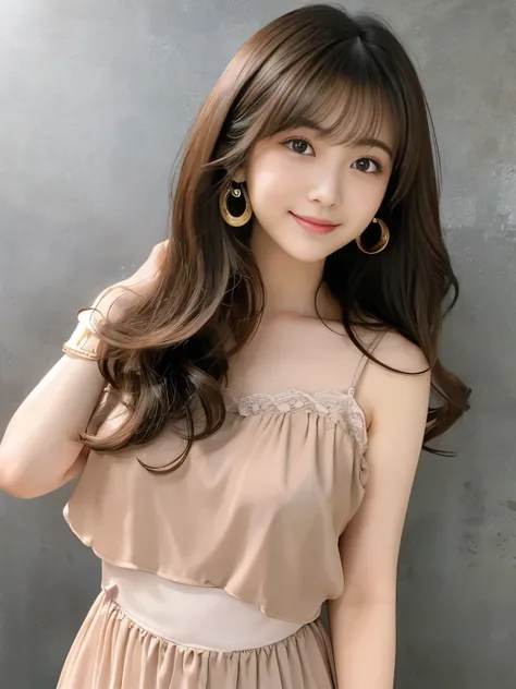 best quality，Super high resolution，RAW photography，1 girl，loose perm hair、dark brown hair、Japanese、loose perm hair、smile、professional photos、Japanese humane adjustment and same skin quality from head to toe、blur the background、I draw it faithfully to the a...