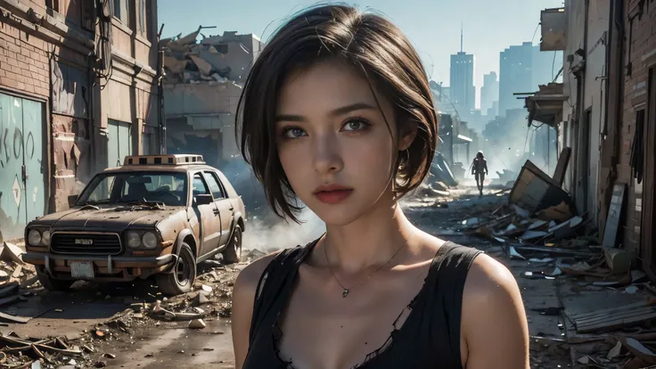 masterpiece, high resolution,8K,(Portrait Photos:1.5),(R Original Photo),Reality,Digital Photography,(Apocalyptic ruins ),City ruins,beautiful 20 year old woman,Short hair,sentry, post-apocalyptic scene, upper body photography , open clothes