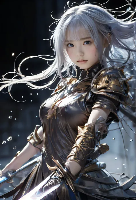 (  Penis masterpiece  ,  top quality:1.2), 8k,    young beautiful girl   , 85mm, Official AR RAW photos , baby face、(Big Breasts:1.4)、 one girl,  WOMAN METAL SPIRIT , Metallic Hair, INNER METAL ,  Drop a few drops of metal on the skin, Holds a long sword,