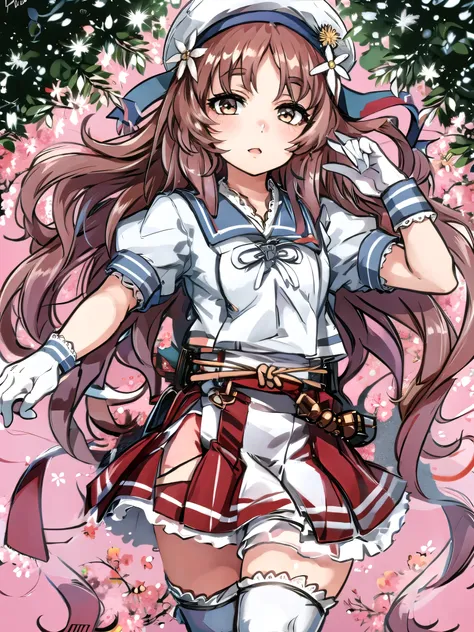 yashiroKC, 1girl, solo, long hair, skirt, shirt, hair ornament, thighhighs, gloves, hat, school uniform, white shirt, short sleeves, serafuku, puffy sleeves, white gloves, hair flower, sailor collar, puffy short sleeves,sailor hat, sailor shirt