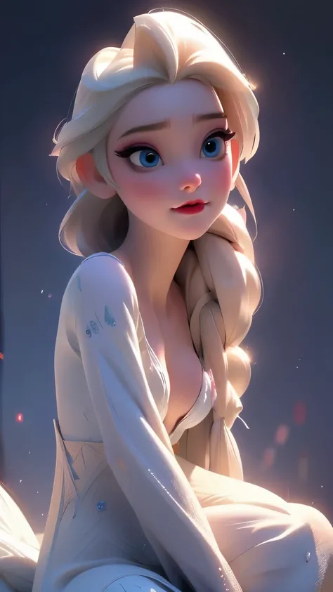 Elsa, (perky breasts), (((small breasts))), smirk:1.2, beautiful blue eyes, (perfect iris’s), depth of colour to her eyes, blonde hair, long hair, braid, full lips, blush, naked, she is showing her vagina, depth of field, bokeh, (special attention to skin ...