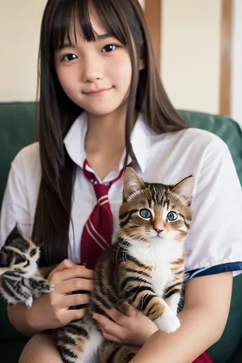 High school girl holding a cute kitten
