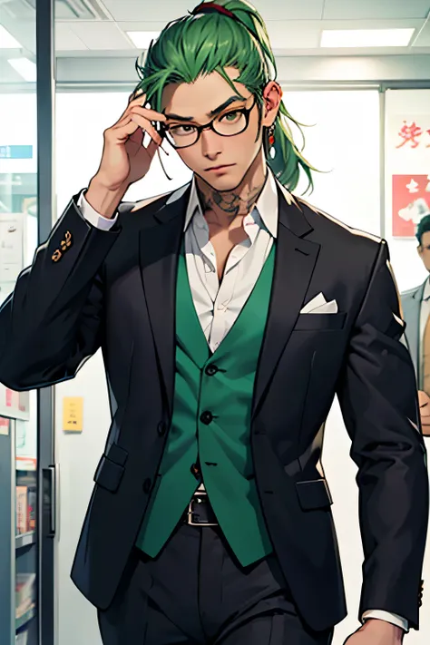 Green Hair、 ponytail、Young man、suit、Yakuza、Round Glasses
