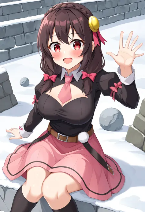 yunyun、masterpiece, top quality,  high definition ,(one person), Yunyun、 Former name yunyun,  crown braid the same color as my hair,  black hair、 red eyes、 hair accessories,  hair ribbon, ( Pink tie :1.2), Black long sleeve,  pink skirt,  Knee-High Socks, ...