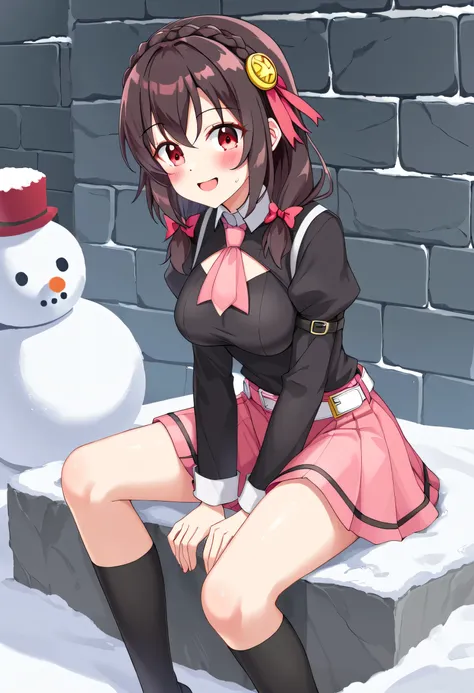 yunyun、masterpiece, top quality,  high definition ,(one person), Yunyun、 Former name yunyun,  crown braid the same color as my hair,  black hair、 red eyes、 hair accessories,  hair ribbon, ( Pink tie :1.2), Black long sleeve,  pink skirt,  Knee-High Socks, ...