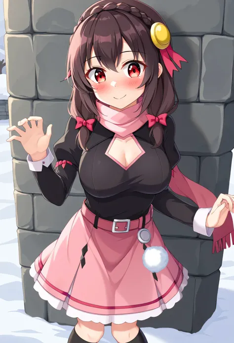 yunyun、masterpiece, top quality,  high definition ,(one person), Yunyun、 Former name yunyun,  crown braid in the same color as hair,  black hair、 red eyes、 hair accessories,  hair ribbon, ( Pink tie :1.2), Black long sleeve,  pink skirt,  Knee-High Socks, ...