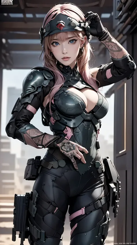 metal gear solid style, (detailed intricate full cover tactical helmet:1.3), (pink hair), cowboy shooting, dynamic poses, 1 girl, alone, Ray tracing, (masterpiece), (best quality), (detailed), (detailed tactical gear:1.1), (body protective equipment:1.1), ...