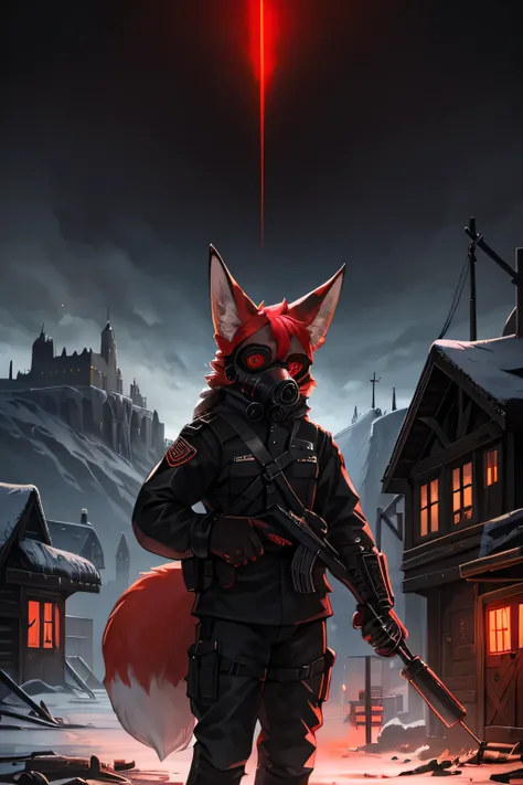 Fox ears and tail man, red fur,  black leather military uniform ,  gas mask with skull pattern ,  bloody clothes,  red light from under the gas mask lens . Black metal gloves with large claws. An abandoned winter town in the background.