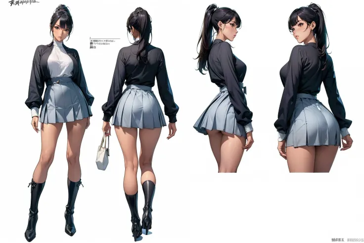  tanned skin, dark skin,( character design sheet:1.4), (masterpiece), ( top quality),  taken from behind、Turning Pose、( perfect face:1.2), ( beautiful face:1.2),  black hair,  ponytail、blunt bangs, 8k, Insane Details,  complex details,  very detailed, Hype...