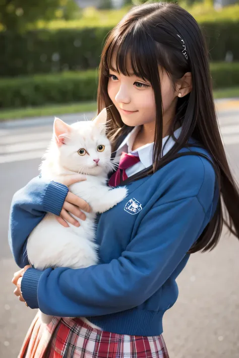 High school girl holding a cute kittn
