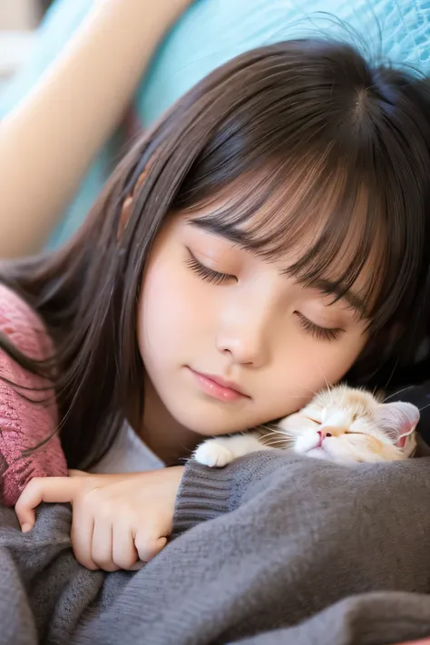 High school girl holding a cute kittn、Kitten sleeping face
