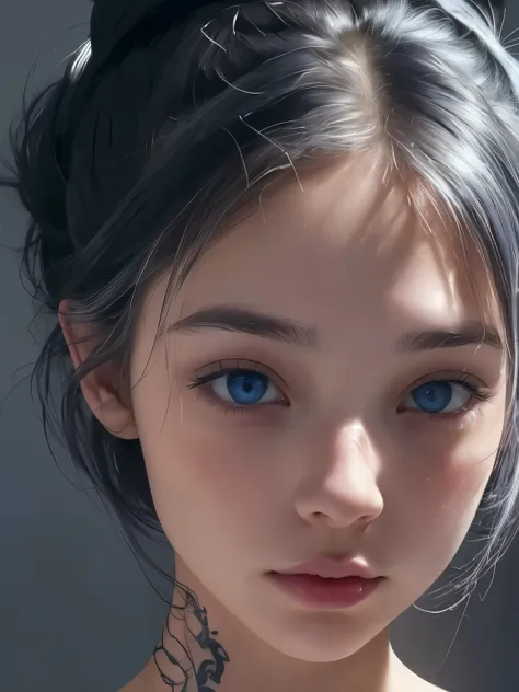 1 girl,light shines on your face, rosy lips, topknot, shining eyes, bun hair, surrealism, close, she is completely naked、masterpiece, Super detailed, advanced details, High resolution、she is naked、blue eyes、black background、Platinum Silver Hair、silver hair...