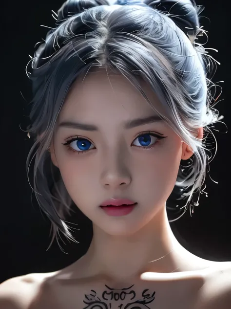 1 girl,light shines on your face, rosy lips, topknot, shining eyes, bun hair, surrealism, close, she is completely naked、masterpiece, Super detailed, advanced details, High resolution、she is naked、blue eyes、black background、Platinum Silver Hair、silver hair...