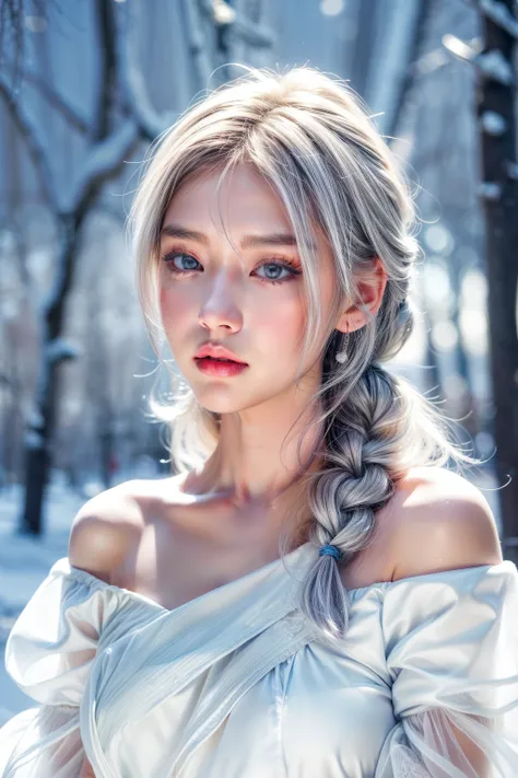 1girll,(Snow,Ice), snowflower, In winter, White hair, Shiny hair, Wavy hair, Transparent clothes, frilld, Lace, Wet clothes, Off_Shoulder, hair scrunchie,Masterpiece, Telephoto lens, absurderes, Exquisite facial features