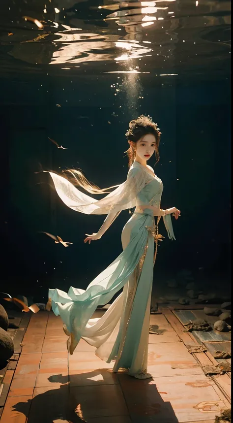 Best quality，tmasterpiece，Partial underwater photography，Reflectors，Blonde 1.3 ，Messy hair floating，slimfigure，Hanfu，long leges