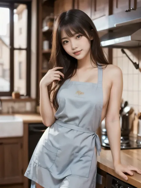 WRC style 、woman、 lewd pose、 Seductive Expression 、 naked apron、 kitchen、Medieval Setting