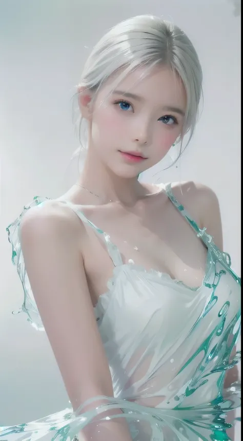 (masterpiece, best quality:1.2), 8k, 85mm, raw photo, absurdres, white and cyan theme, (liquid clothes, liquid dress:1.4), white hair, gradient dress, delicate girl, upper body, close up face, shiny skin, teen, looking at viewer, HDR, sharp focus, particle...