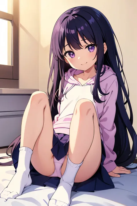  elementary school  toddler flat chest black hair 　 long hair　 purple eyes　smile（（One person））pink upper body hoodie 　 lower body navy blue mini skirt　 white panties　 holding white socks （（ panties opening their mouths））　 girls room　 is sitting on the bed ...