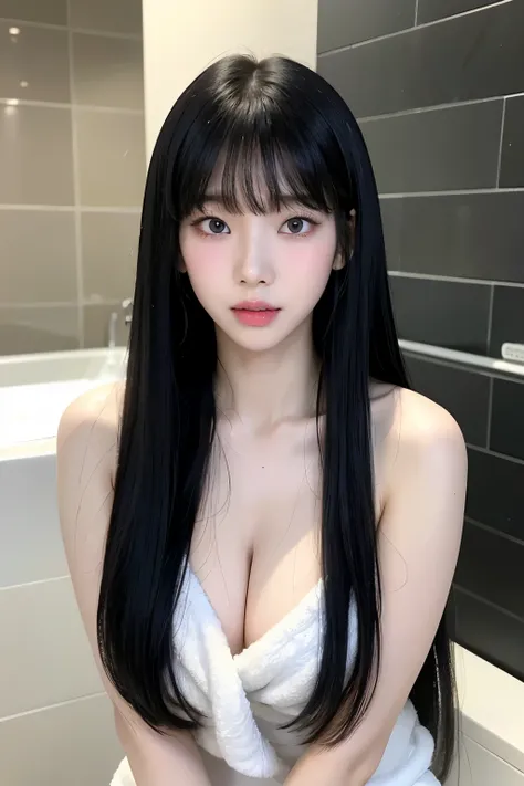 Cute idol-like face, ((perfect hands)), Korean woman, white skin, Her hair is long and black with bangs., Reality Photography, Clear picture quality, fair skin, glowing skin, full body photo, Bathroom, Sleek and long legs, Top down view, naked towel, white...