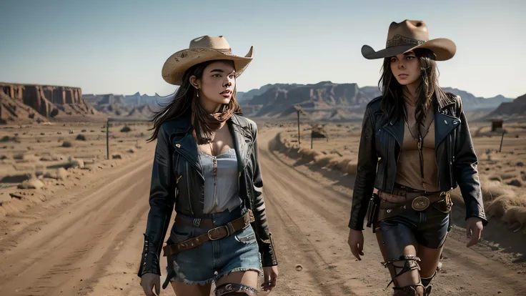 Woman from Arafa wearing a cowboy hat and leather jacket walking on the dirt road, post - apocalyptic cowgirl, cowgirl, an epic western, cowgirl, 4K Wild West , western cowgirl, western movie , Space Western , no show westworld, [ western movie ], Wild Wes...