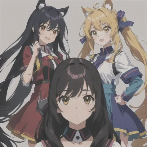 Anime characters for a girl and two girls with long hair, Twin ponytails, Anime Girl,, The official picture ,  Animated Cute Style ,, portrait , pixiv, Official Animation ,  office background in front of computer