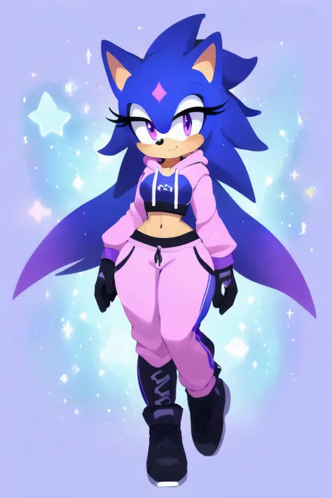 Sonic oc, female, A beautiful light blue hedgehog,  dark purple eyes and markings, stars or constellations on quills, giving an otherworldly aura, very very long quills which was packed in a bun, leaving a few long bangs with smooth fur and has a slim thic...