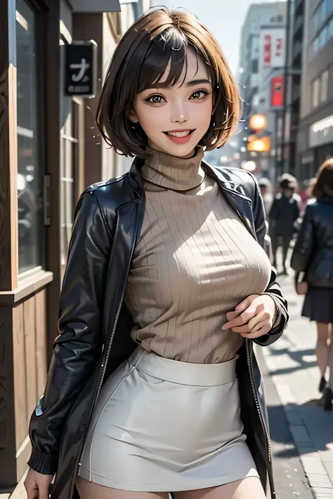 (8k,  RAW photos ,  top quality, masterpiece,  realistic ,  Photorealistic), ( 1 Woman ), (Ultimate beauty), Middle age,  Highly Detailed Faces,  detailed eyes on board,  double eyelids ,  eyelash , smile, (Perfect Teeth),  detailed lips from home,  bob ha...