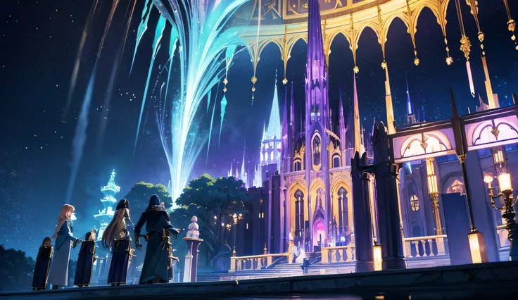 A depiction of a medieval empire set in an otherworldly, fantastical realm. The scene combines the grandeur of a sprawling, majestic castle with glowing spires and flying buttresses, surrounded by floating islands and cascading waterfalls suspended in mid-...