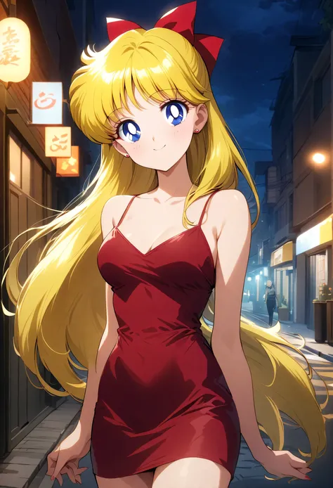 masterpiece, best quality, very aesthetic, absurdres, aavenus, long hair, blonde hair, hair bow, blue eyes, earrings, taut dress, spaghetti strap, red dress, sleeveless,  night, street, standing, cowboy shot, medium breast, smile