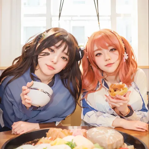 anime picture of two women sitting at a table with a bowl of food, manhwa, two beautiful anime girls, sakimichan, shoujo manga, ecchi anime style, slice of life anime, two girls, anime cover, from girls frontline, in anime style, kawaii realistic portrait,...