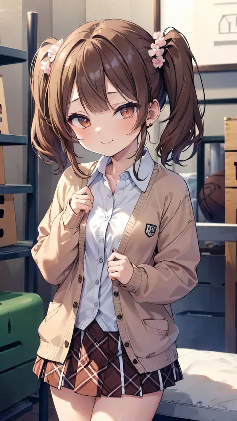 ((masterpiece、 top quality、 very detailed ))、 one girl、Brown Hair、 long hair on background、twintails、 Brown Eyes 、evil smile、((lots of piercing))、(( smaller breasts))、(( White collared shirt ))、((brown cardigan))、((light blue plaid skirt))、((micro miniskir...