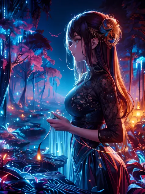 1girl, (best quality, 4k, 8k, highres, masterpiece:1.2), ultra-detailed, moonlit backdrop, mystical atmosphere, ethereal lighting, cool toned color palette, chiaroscuro lighting, side view, adult female, cinematic quality
