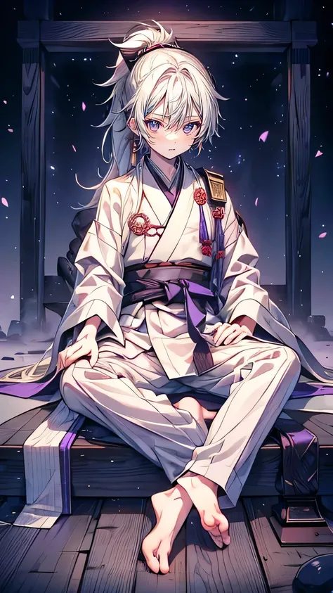 1 boy,  one boy ,130cm, Shota,  long hair,  white hair in a narrow box, Ponytail , Warring States Period ,Purple Eyes ,Old-fashioned Japanese clothing  ,Shoulder coat, Tie-up hakama, The motif is white,  watching the night sky,  cute,  full body,  sitting
